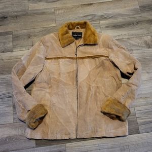 100% genuine tan leather suede jacket with fur collar  xxl vintage leather works